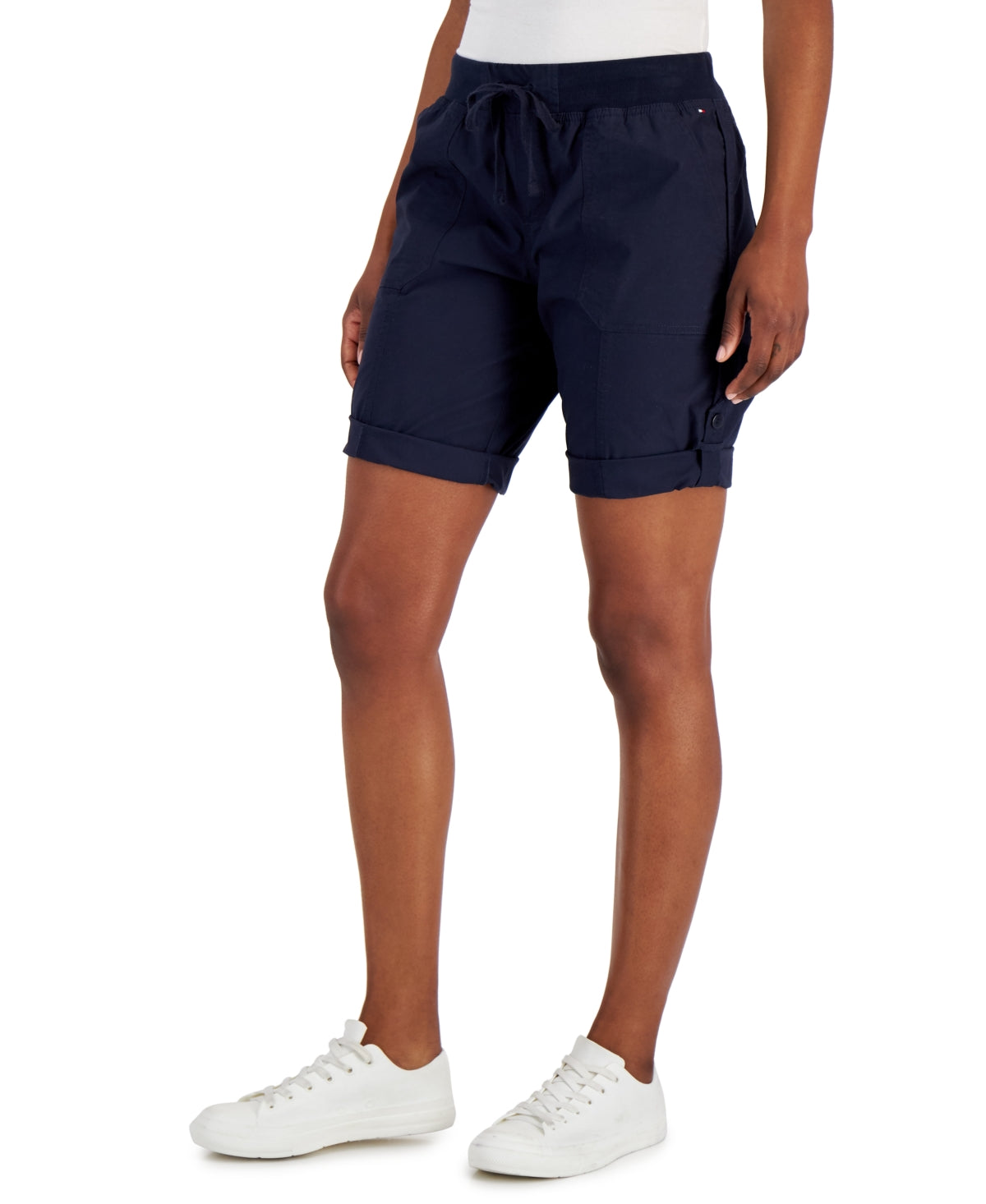 Tommy Hilfiger Shorts utilitário feminino liso com punho enrolado, azul, tamanho grande