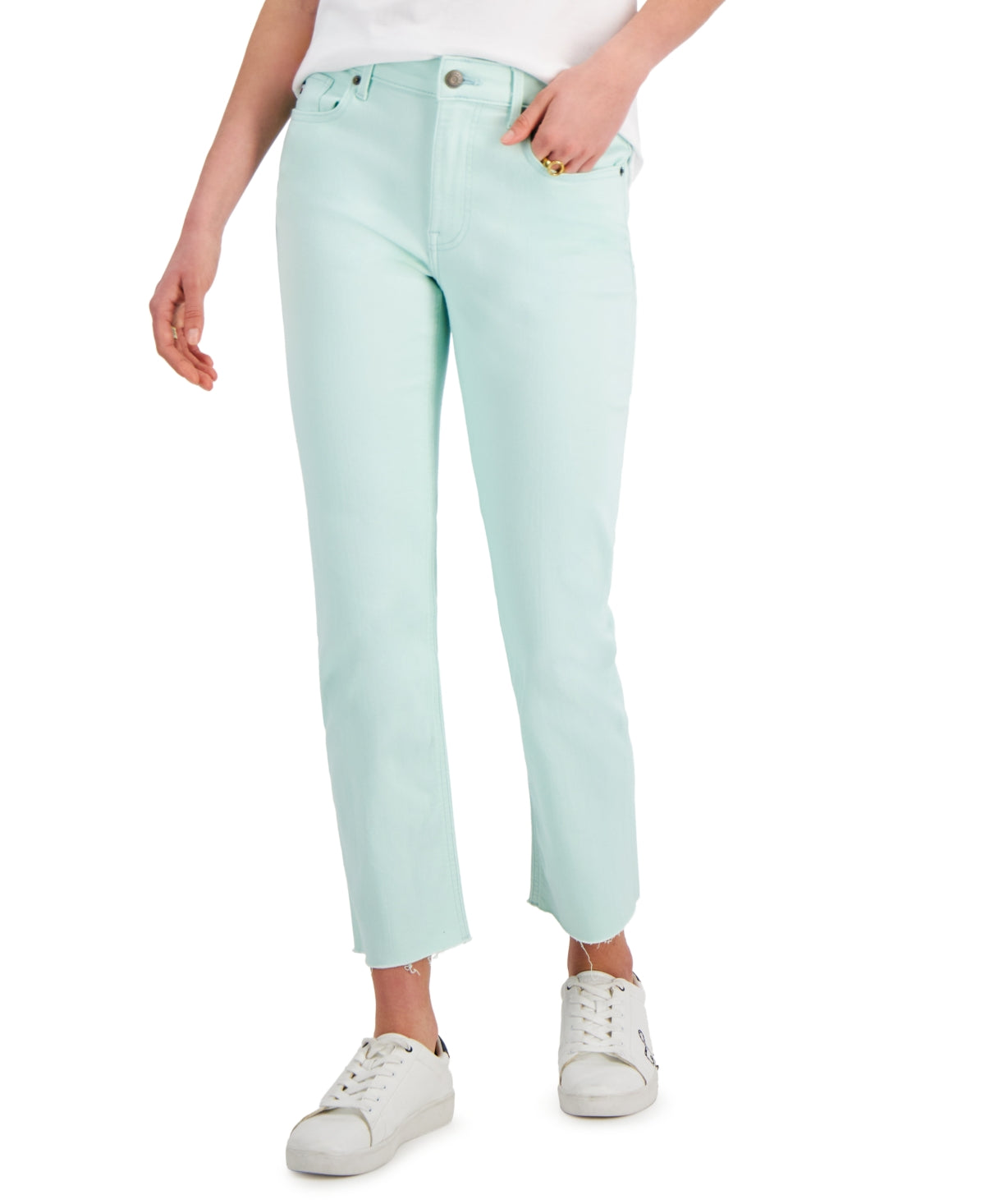 Calça jeans feminina Tommy Hilfiger Tribeca Th Flex com perna reta e bainha crua, azul, tamanho 8