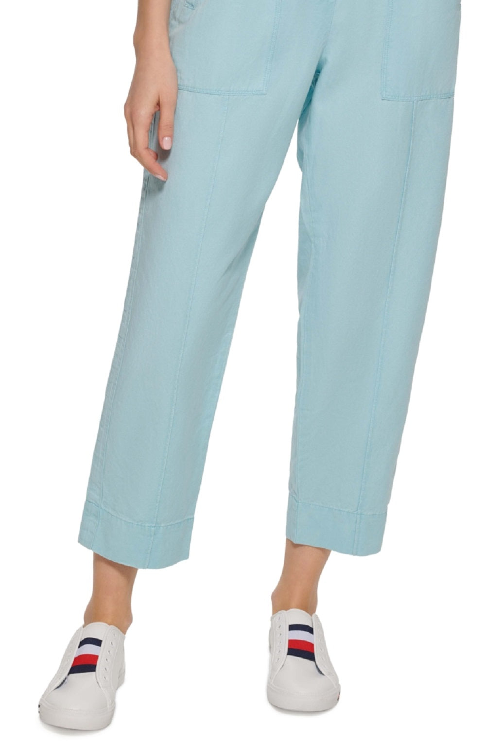 Calça curta Tommy Hilfiger feminina lisa, azul, tamanho médio