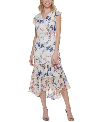 Tommy Hilfiger Women's Floral Woven High Low Midi Dress Beige Size 4Petite