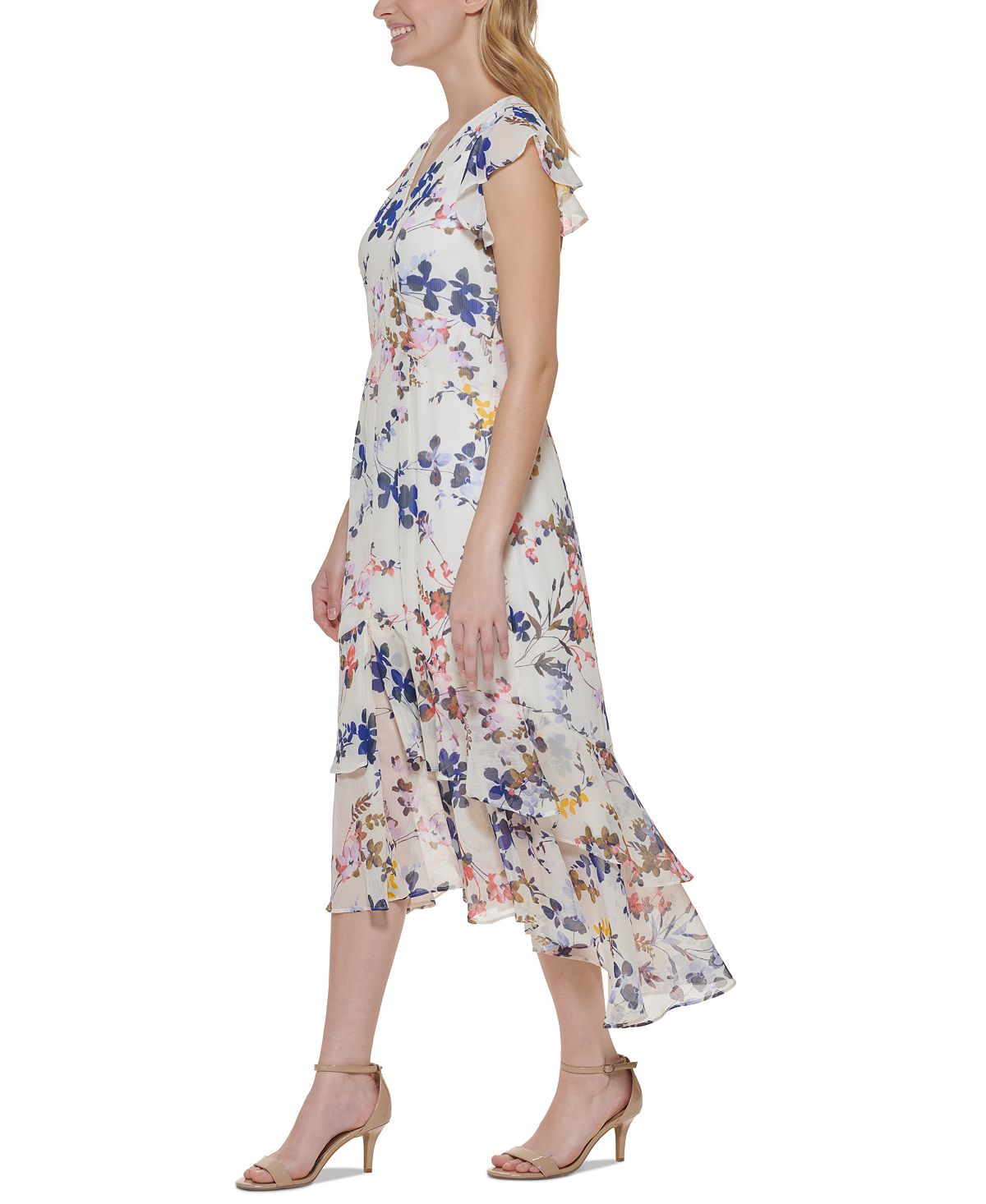 Vestido midi alto e baixo com estampa floral Tommy Hilfiger feminino, bege, tamanho 4, pequeno