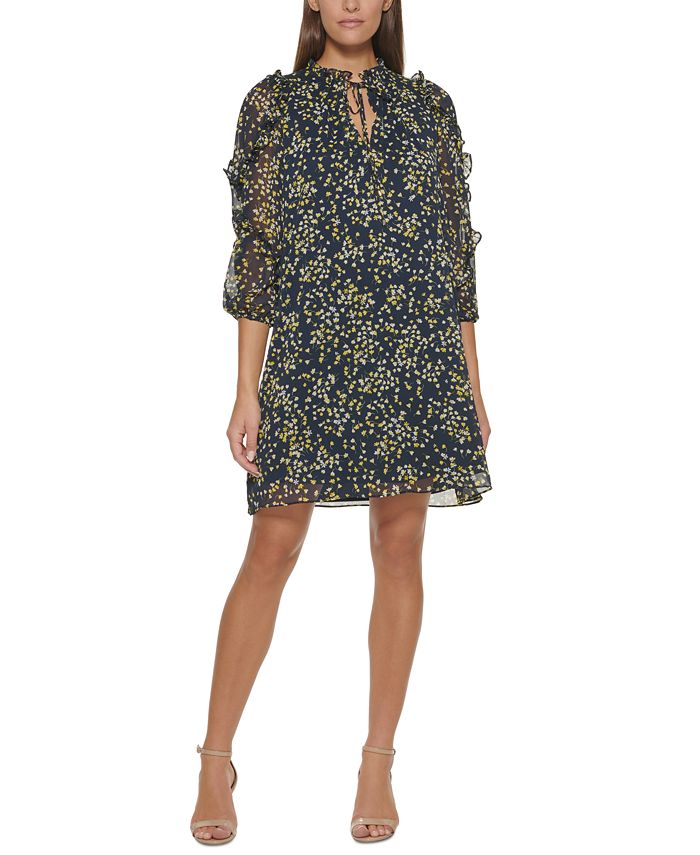 Vestido feminino Tommy Hilfiger com estampa floral e babados, azul, tamanho 12