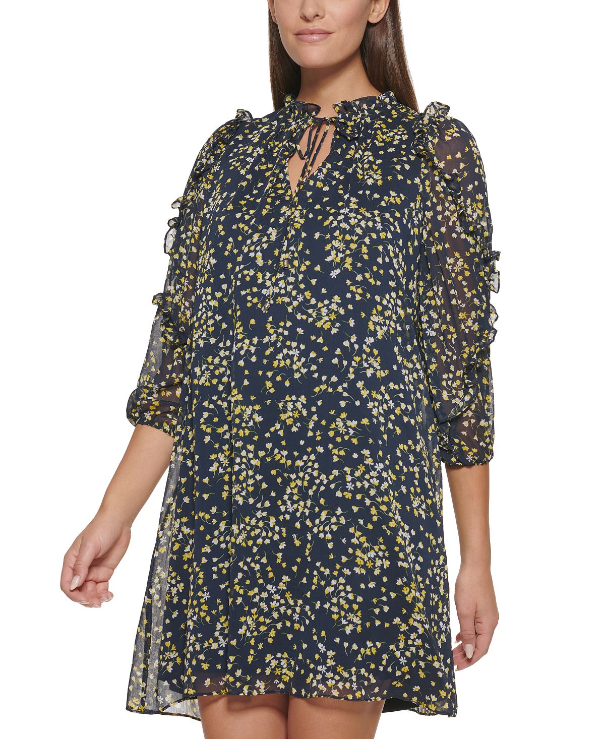 Vestido feminino Tommy Hilfiger com estampa floral e babados, azul, tamanho 12