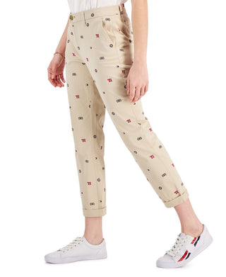 Calça Chino Tommy Hilfiger Feminina Th Flex Hampton com Estampa de Logotipo Marrom Tamanho 10