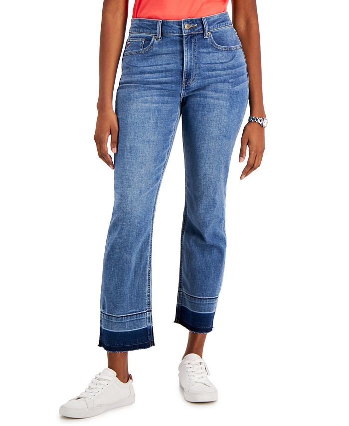 Calça jeans feminina Tommy Hilfiger Tribeca Th Flex Contrast Hem, perna reta, comprimento até o tornozelo, azul, tamanho 10