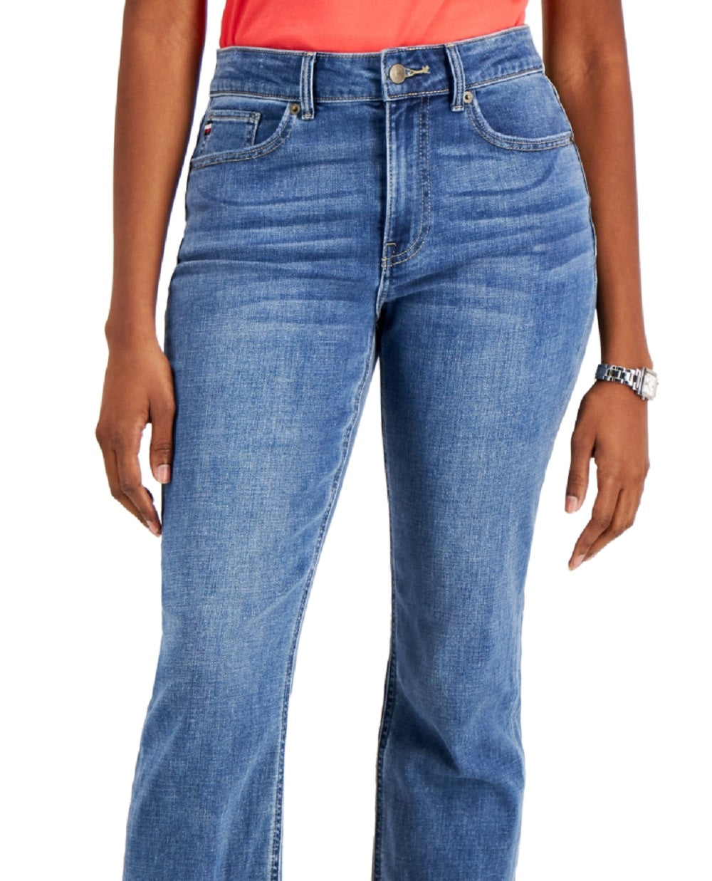 Calça jeans feminina Tommy Hilfiger Tribeca Th Flex Contrast Hem, perna reta, comprimento até o tornozelo, azul, tamanho 10