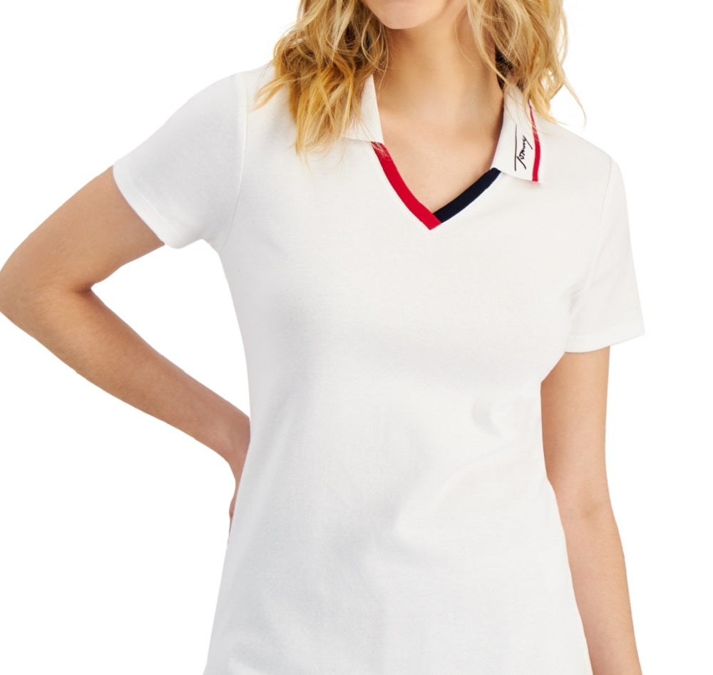 Polo Tommy Hilfiger feminino de algodão com acabamento contrastante, branco, tamanho grande
