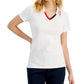 Polo Tommy Hilfiger feminino de algodão com acabamento contrastante, branco, tamanho grande