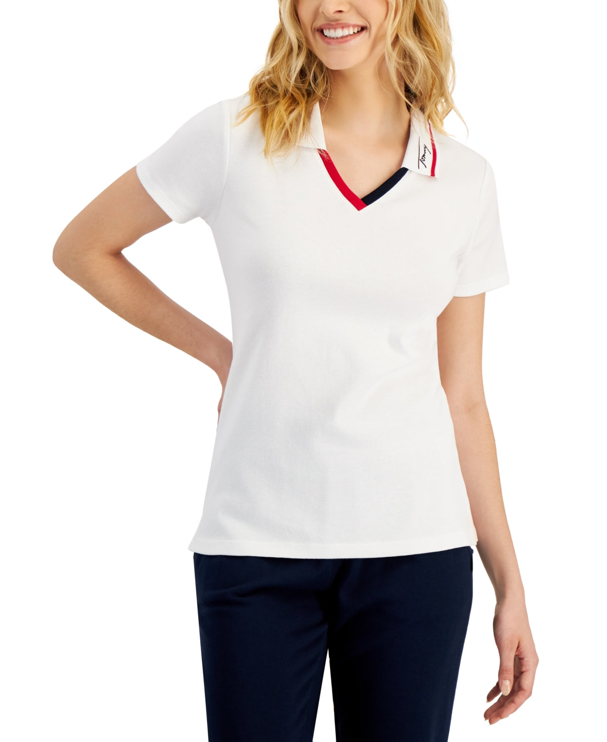 Polo Tommy Hilfiger feminino de algodão com acabamento contrastante, branco, tamanho grande