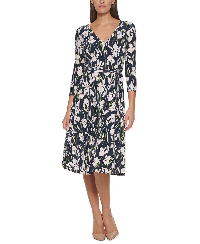 Vestido midi feminino Tommy Hilfiger com estampa floral, azul, tamanho 16