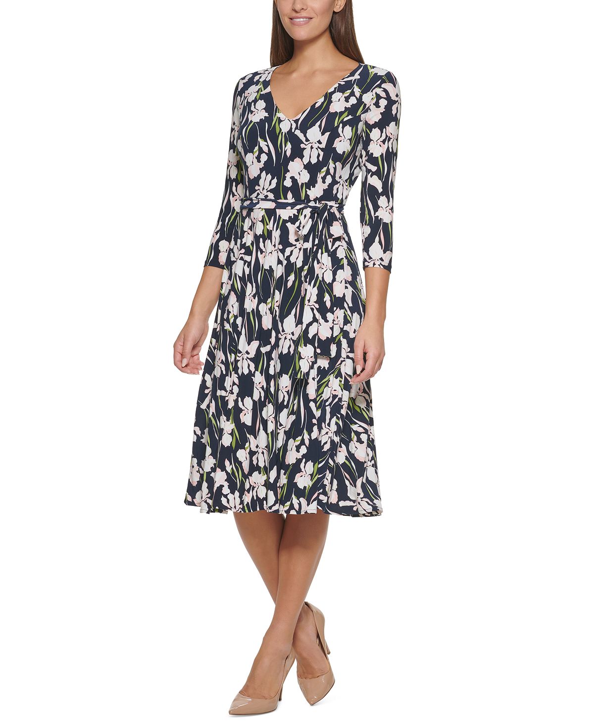 Vestido midi feminino Tommy Hilfiger com estampa floral, azul, tamanho 16