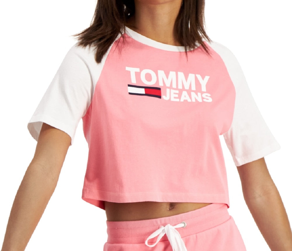 Camiseta Tommy Jeans Feminina Fused Logo Baseball Rosa Tamanho X-G