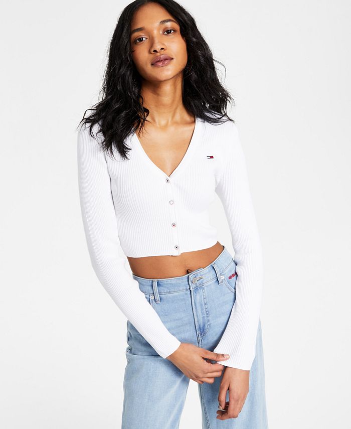 Tommy Jeans Cardigan Cropped Feminino Canelado Branco Tamanho Médio