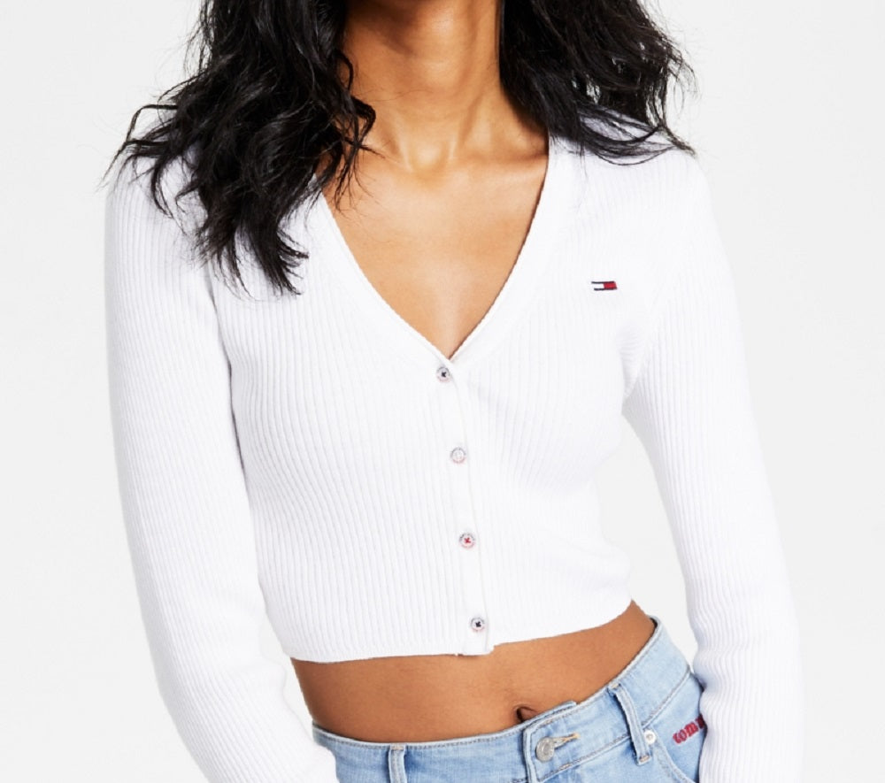 Tommy Jeans Cardigan Cropped Feminino Canelado Branco Tamanho Médio