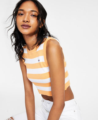 Tommy Jeans Women's Striped Cropped Sweater Tank Top Orange Size Medium