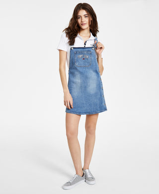 Tommy Jeans Women's Embroidered Varsity Logo Denim Overall Dress Blue Size 27