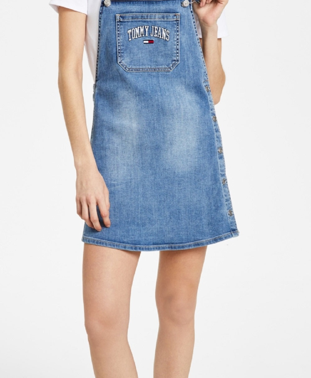 Vestido jeans feminino Tommy Jeans com logotipo universitário bordado, azul, tamanho 27