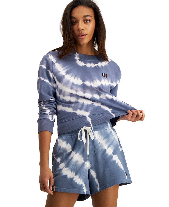 Tommy Jeans Shorts Femininos de Algodão com Tie Dye Azul Tamanho Grande