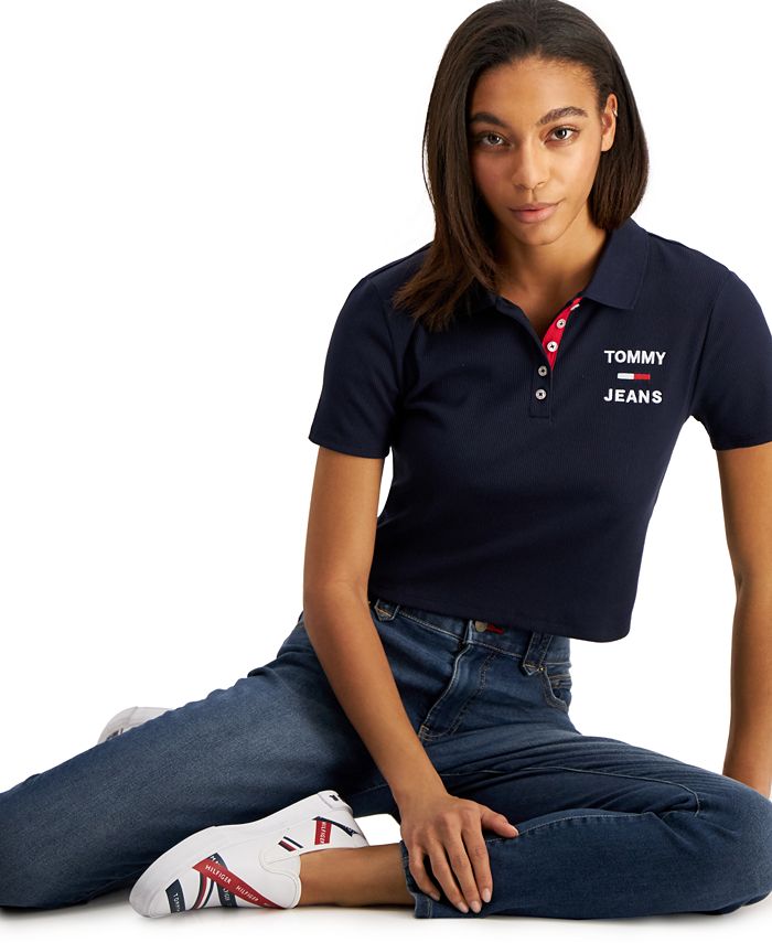 Camisa Polo Cropped Tommy Jeans Feminina Manga Curta Azul Tamanho XS