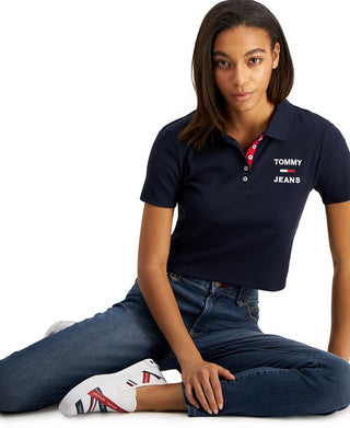 Camisa Polo Cropped Tommy Jeans Feminina Manga Curta Azul Tamanho XS