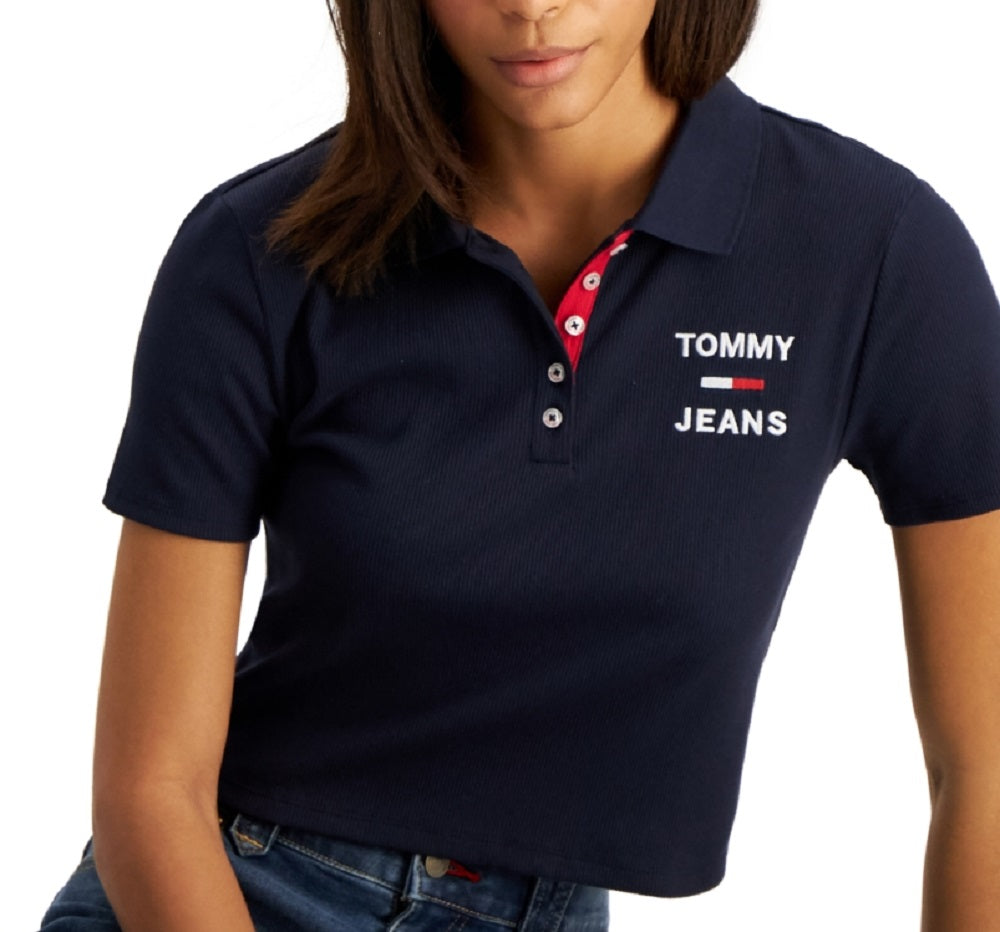 Camisa Polo Cropped Tommy Jeans Feminina Manga Curta Azul Tamanho XS