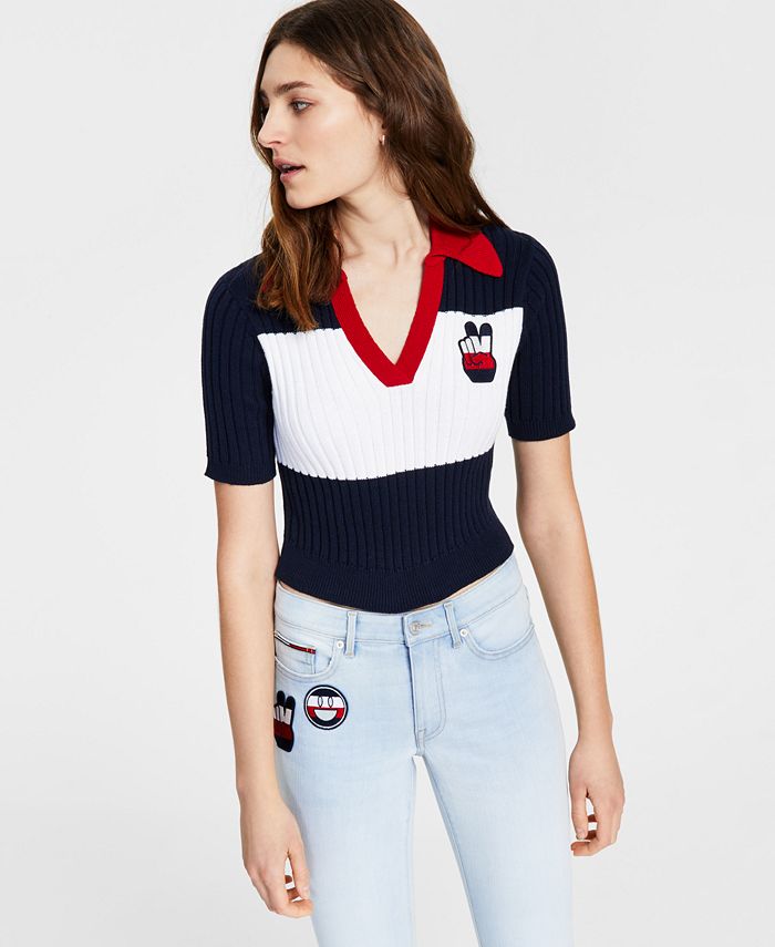 Tommy Jeans Polo Cropped Colorblock Feminino Azul Tamanho Médio