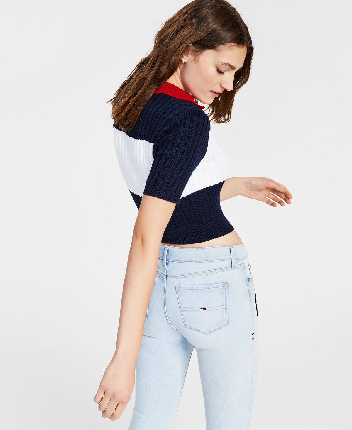 Tommy Jeans Polo Cropped Colorblock Feminino Azul Tamanho Médio