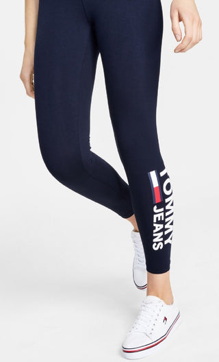 Calça legging feminina Tommy Jeans com estampa de logotipo lateral, azul, tamanho X-S