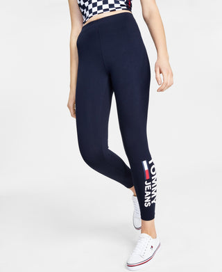 Calça legging feminina Tommy Jeans com estampa de logotipo lateral, azul, tamanho X-S