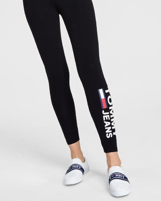 Calça legging feminina Tommy Jeans com estampa de logotipo lateral, preta, tamanho médio