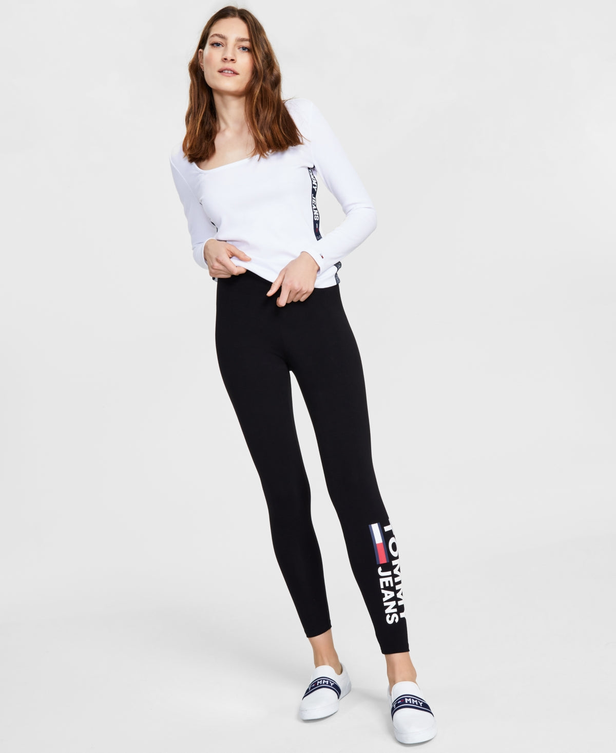 Calça legging feminina Tommy Jeans com estampa de logotipo lateral, preta, tamanho médio