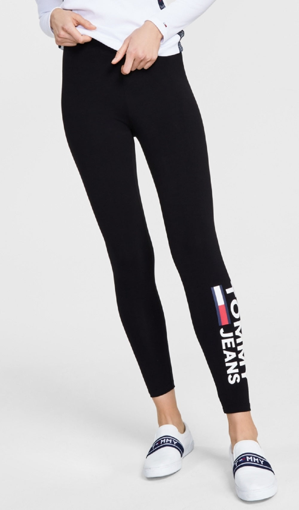 Calça legging feminina Tommy Jeans com estampa de logotipo lateral, preta, tamanho pequeno