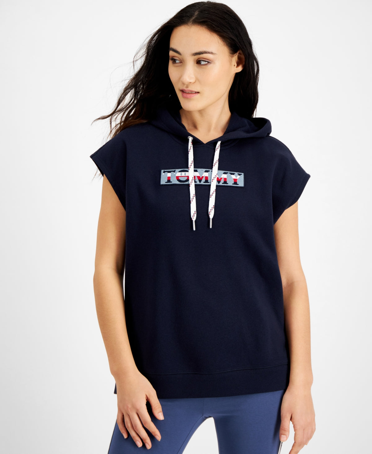 Tommy Jeans Túnica com capuz feminina, manga curta, azul, tamanho médio