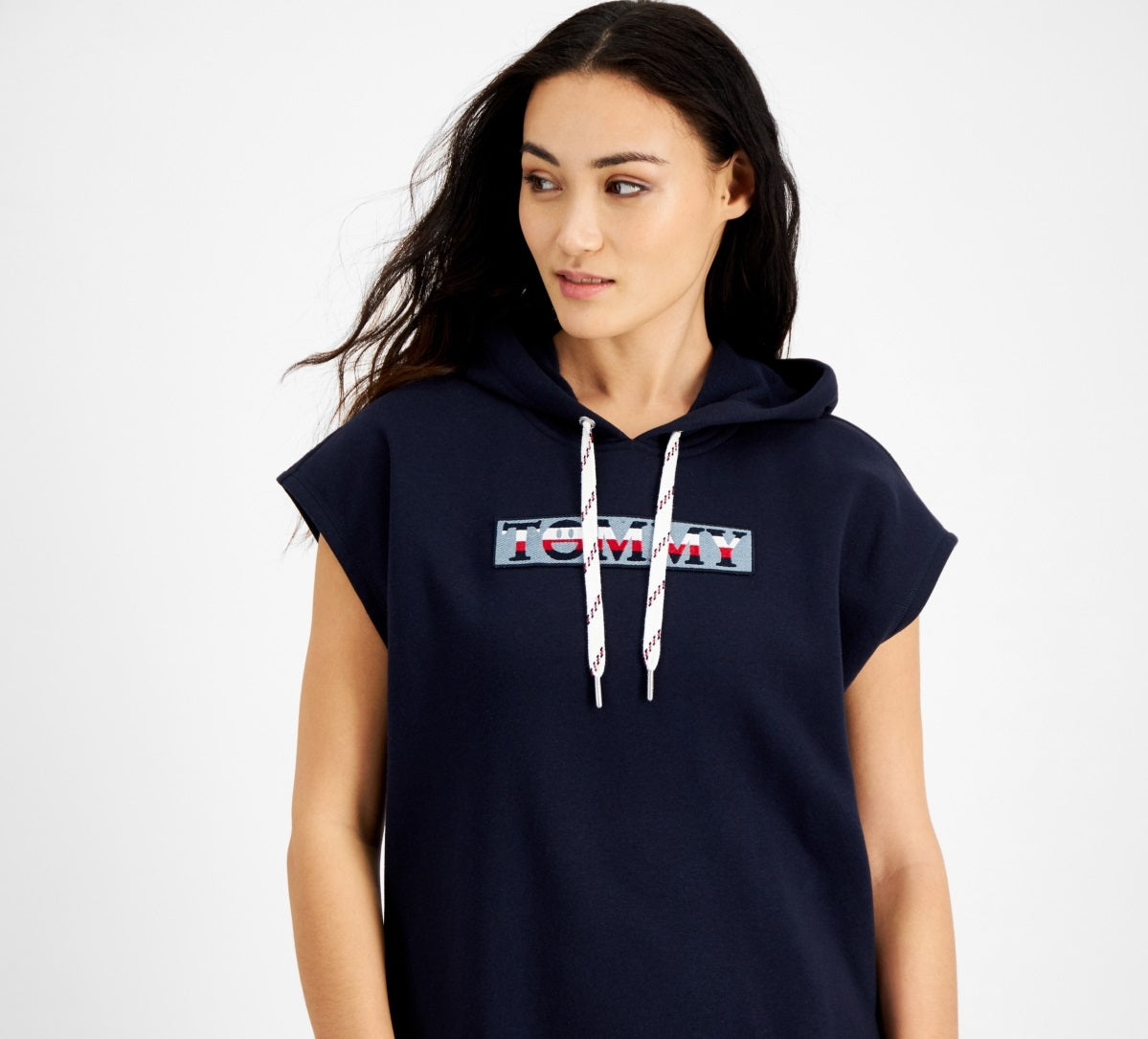 Tommy Jeans Túnica com capuz feminina, manga curta, azul, tamanho médio