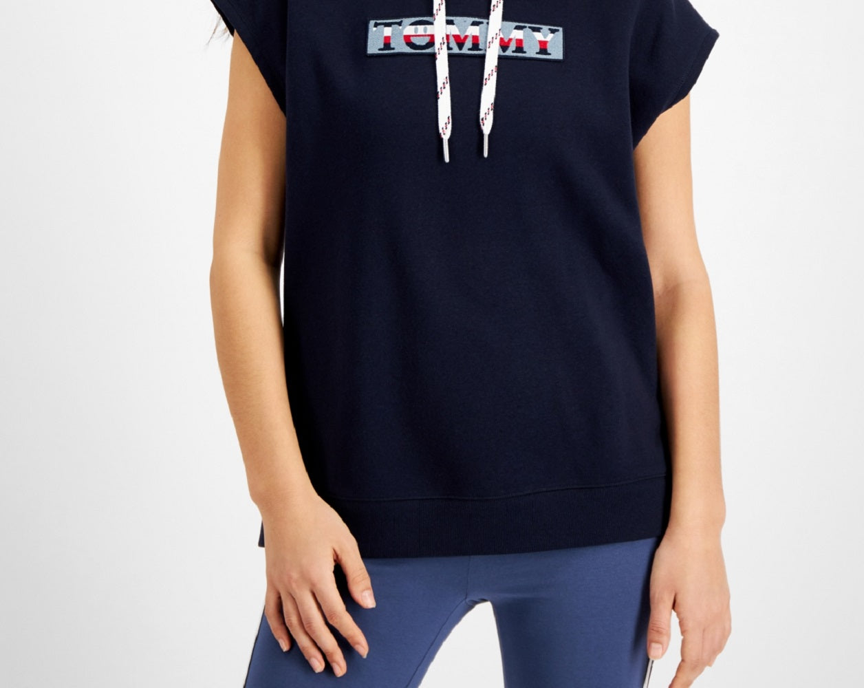 Tommy Jeans Túnica com capuz feminina, manga curta, azul, tamanho médio