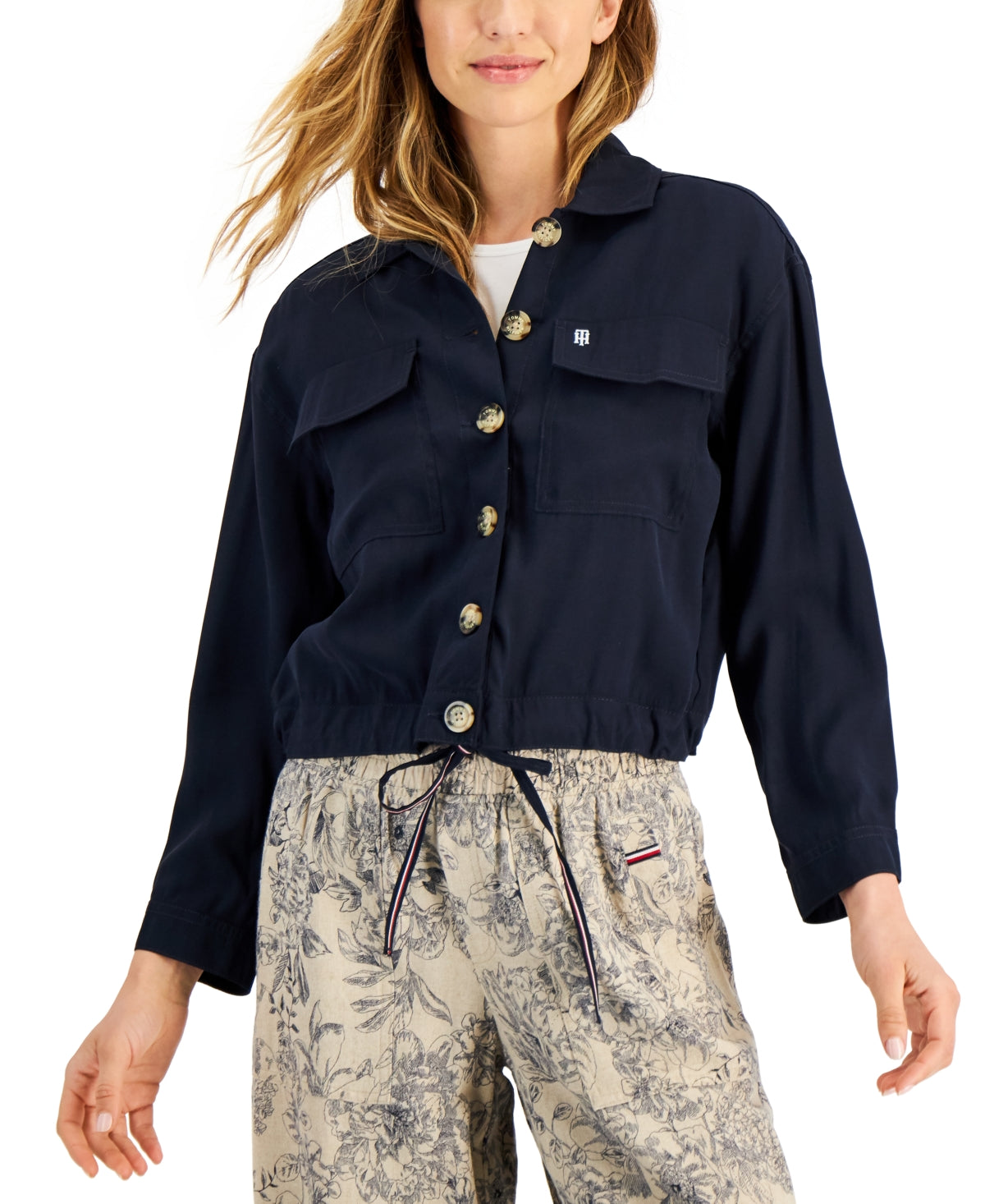 Jaqueta Trucker Feminina Tommy Hilfiger com Cordão Azul Tamanho P