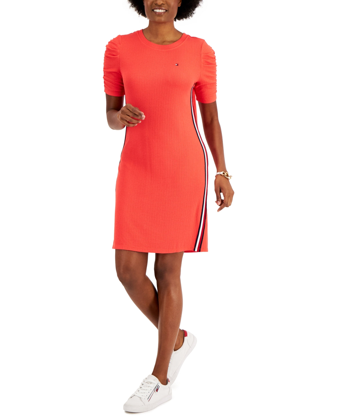 Vestido feminino Tommy Hilfiger com manga bufante canelada e lisa, tamanho grande, vermelho