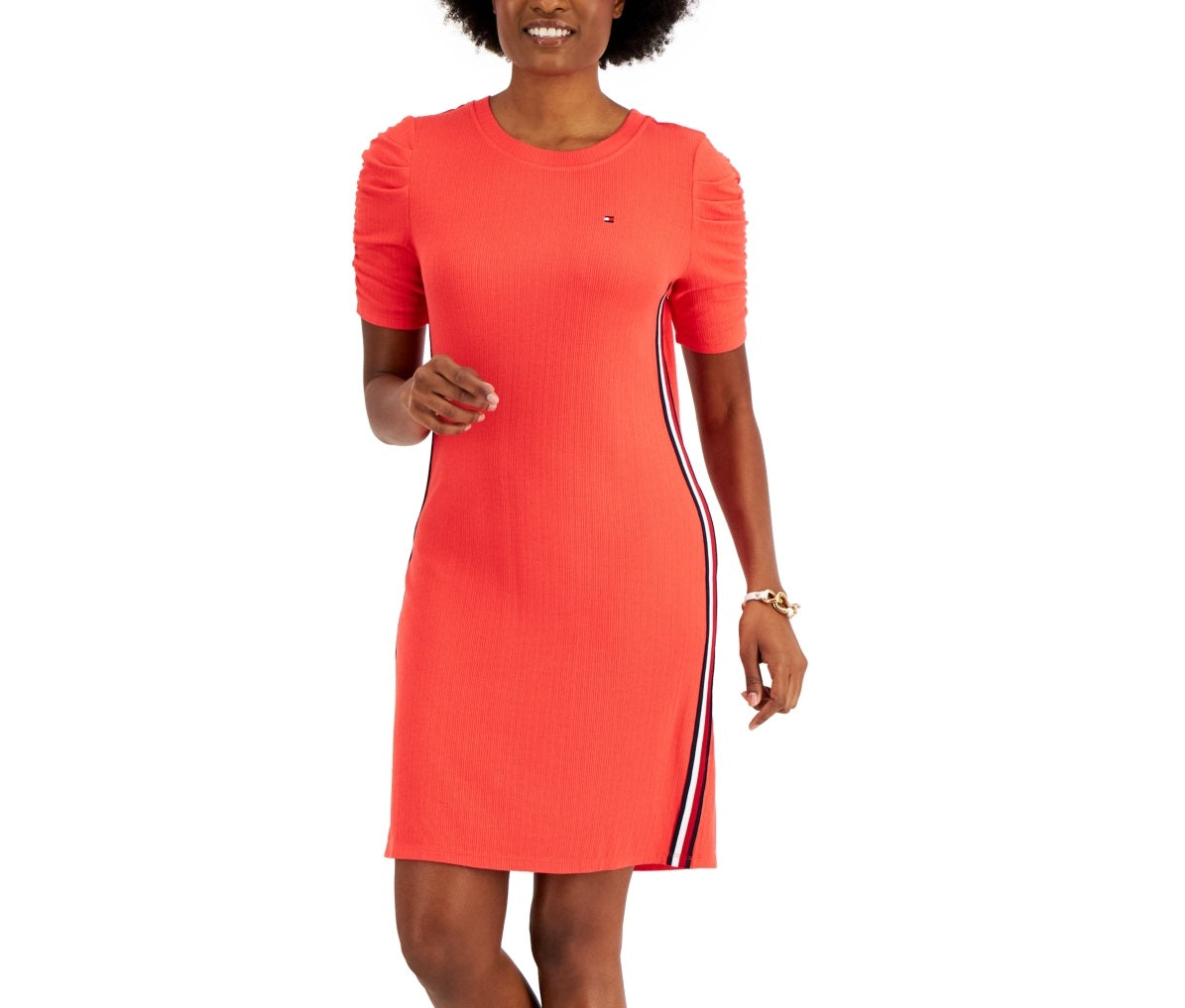 Vestido feminino Tommy Hilfiger com manga bufante canelada e cor lisa, tamanho XS