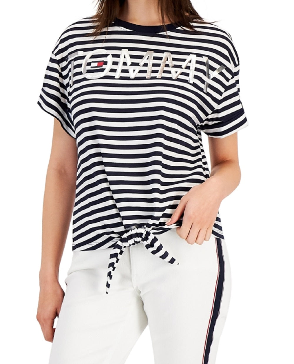 Camiseta Tommy Hilfiger Feminina Listrada com Logo e Amarração Frontal Azul Tamanho Grande