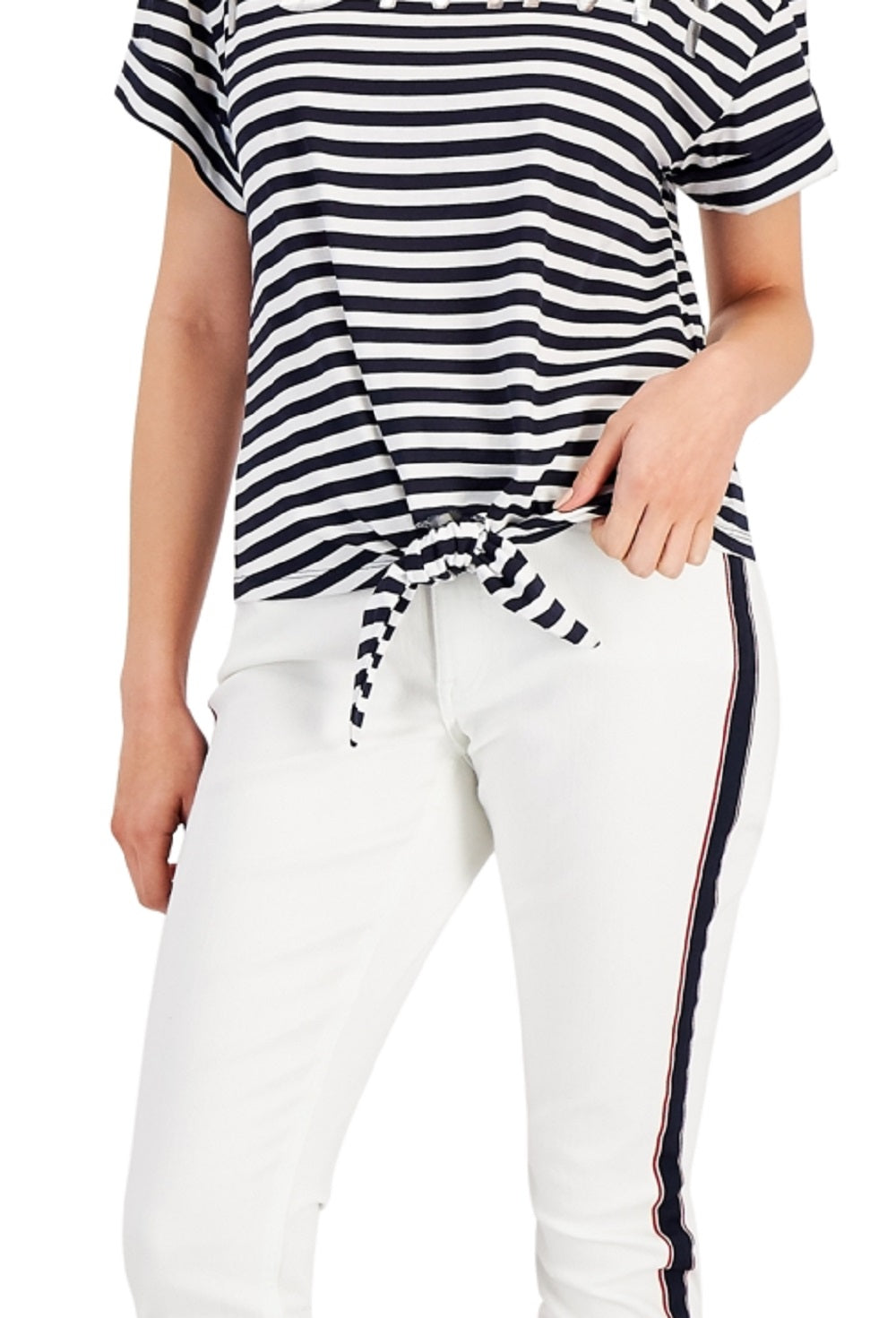 Camiseta Tommy Hilfiger Feminina Listrada com Logo e Amarração Frontal Azul Tamanho Grande