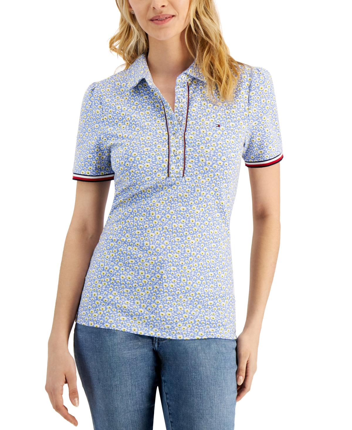 Polo Tommy Hilfiger feminino com manga bufante, azul, tamanho grande