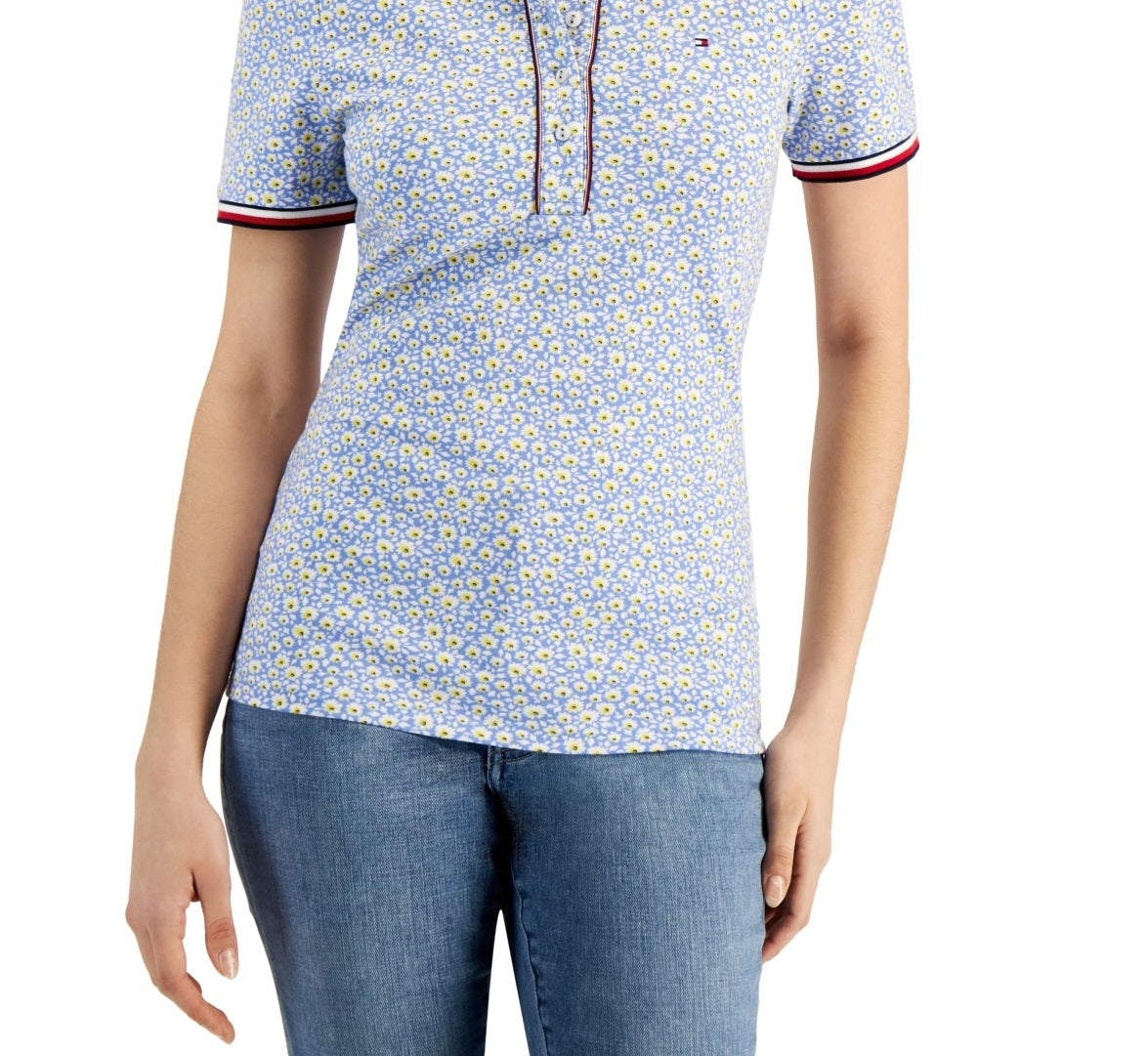 Polo Tommy Hilfiger feminino com manga bufante, azul, tamanho grande