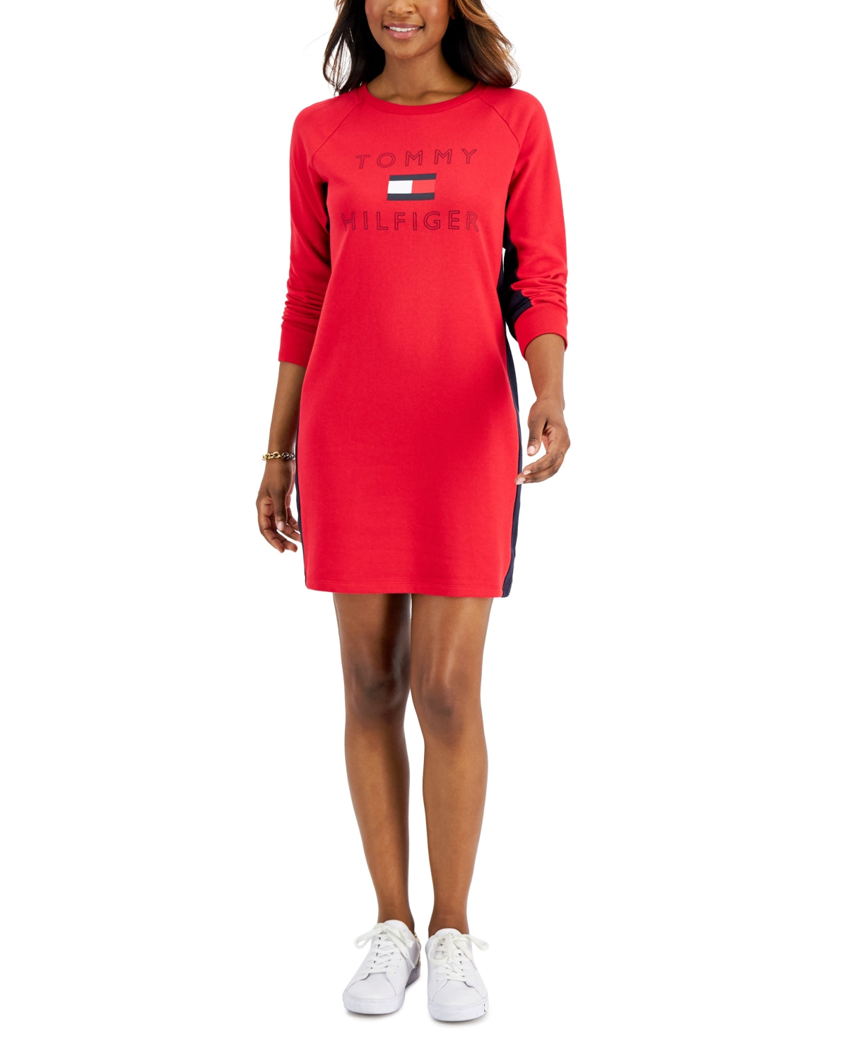 Vestido moletom feminino Tommy Hilfiger com logo vermelho, tamanho médio