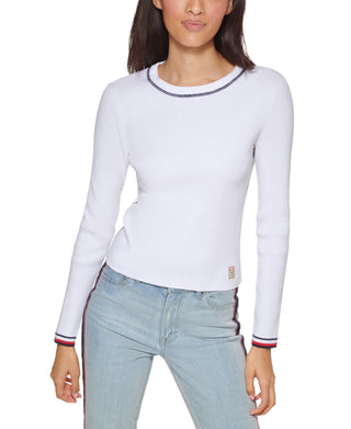 Suéter Tommy Hilfiger Feminino de Algodão com Gola Redonda, Branco, Tamanho XS