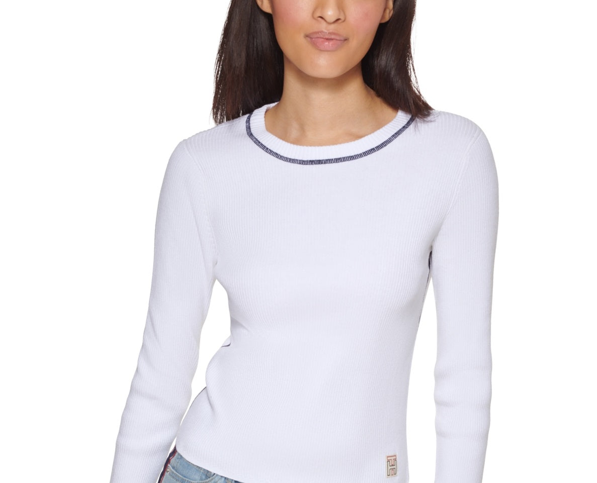 Suéter Tommy Hilfiger Feminino de Algodão com Gola Redonda, Branco, Tamanho XS