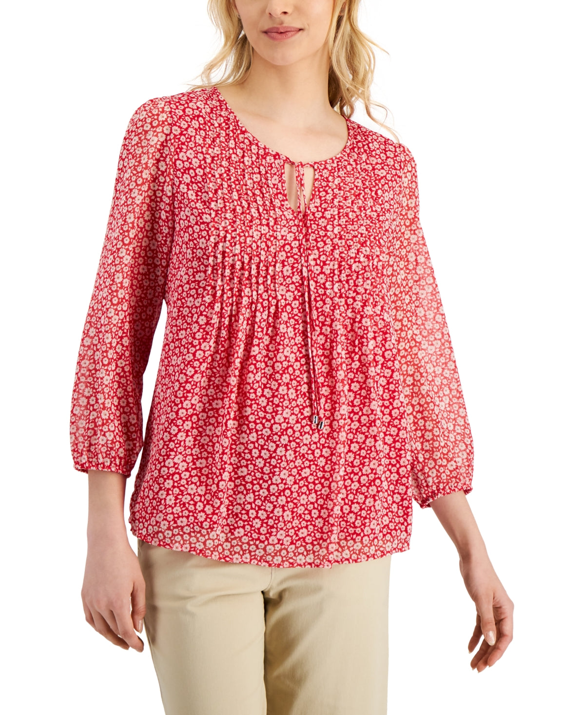 Tommy Hilfiger Blusa Feminina Estampada Floral Pintucked Vermelha Tamanho Médio