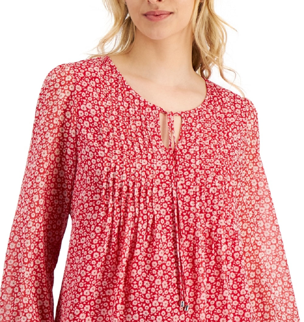 Tommy Hilfiger Blusa Feminina Estampada Floral Pintucked Vermelha Tamanho Médio