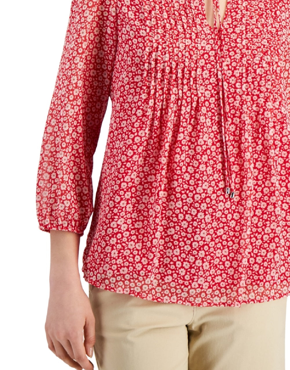 Tommy Hilfiger Blusa Feminina Estampada Floral Pintucked Vermelha Tamanho Médio