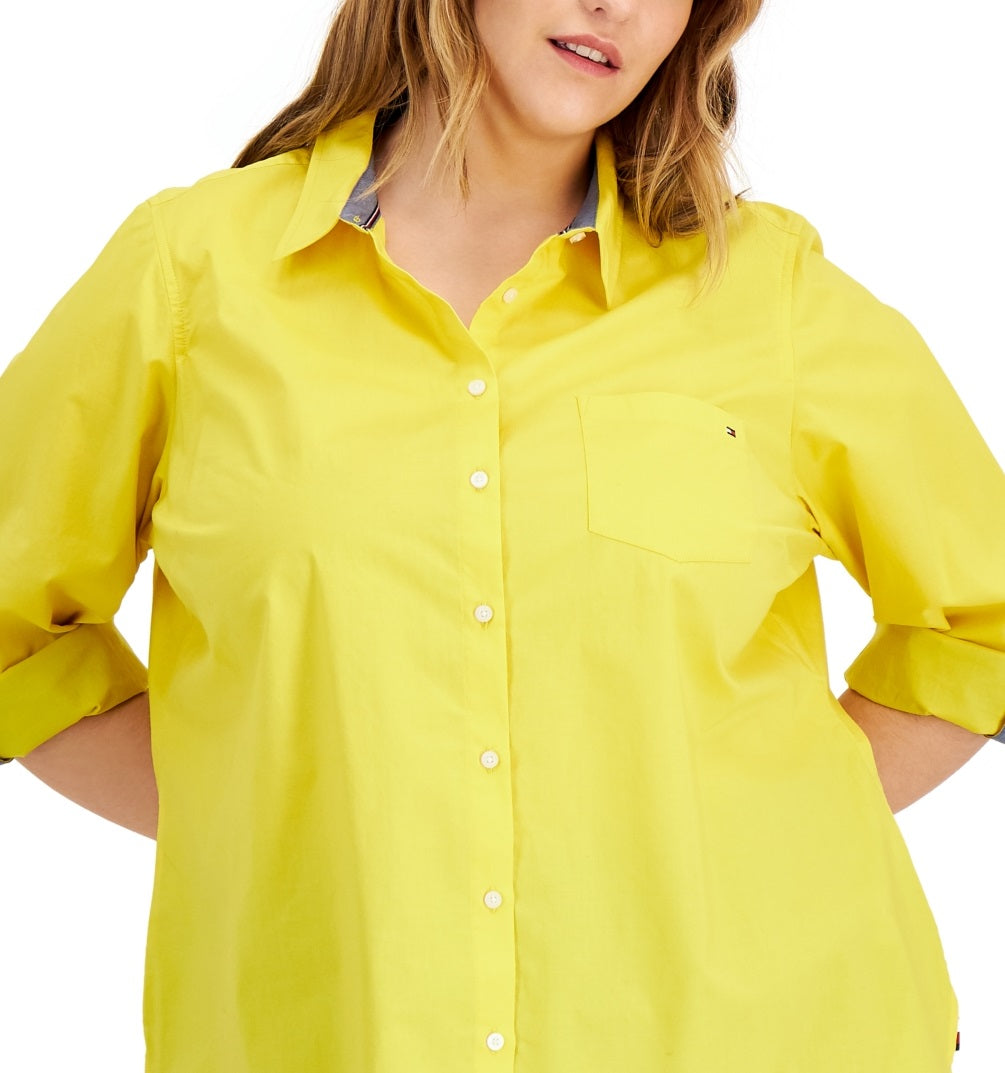 Camisa Tommy Hilfiger feminina de algodão com aba enrolada, amarela, tamanho 2X