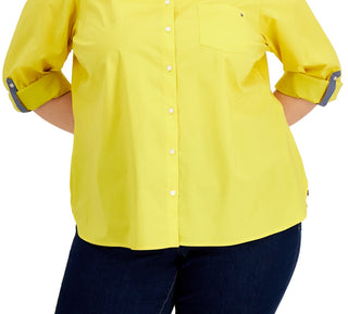 Camisa Tommy Hilfiger feminina de algodão com aba enrolada, amarela, tamanho 2X